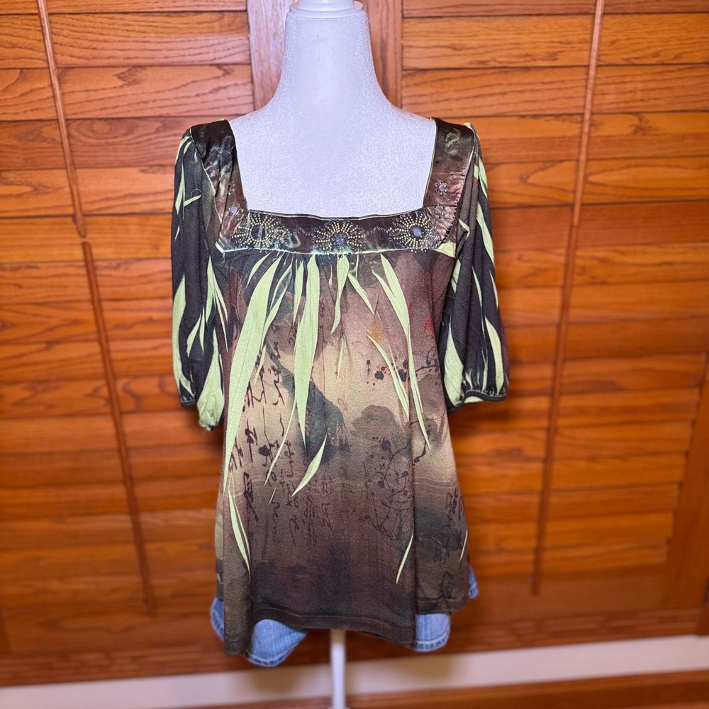 Dressbarn Women Green Brown Abstract Bamboo Print Beaded Square Neck Blouse L